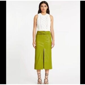 NWT Tanya Taylor A-Line Mid Skirt Vegan Leather Avocado Green Twist & Slit SZ 0